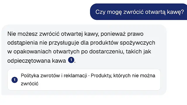 Odpowiedź asystenta na pytanie o zwrot otwartej kawy z odnośnikiem do źródła w polityce zwrotów sklepu