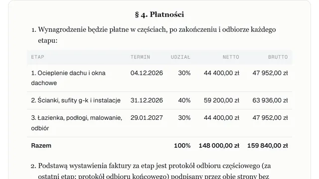 Projekt umowy o roboty budowlane: paragraf o płatnościach z tabelą etapów, kwotami netto i brutto