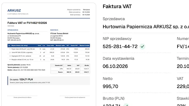 Zdjęcie faktury obok danych odczytanych przez agenta: sprzedawca, NIP sprawdzony, numer, daty, netto i VAT