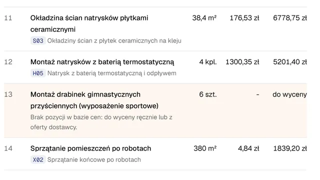 Kosztorys ofertowy z przedmiaru: pozycje dopasowane do bazy cen z ceną jednostkową i wartością, jedna pozycja oznaczona do wyceny ręcznej