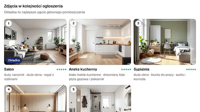 Zdjęcia mieszkania ułożone przez agenta w kolejności ogłoszenia, salon jako okładka, z opisem i oceną każdego ujęcia