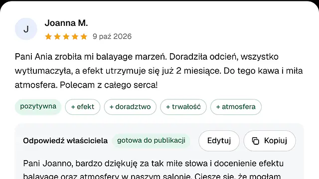 Opinia z pięcioma gwiazdkami rozpoznana jako pozytywna, z tematami i gotową odpowiedzią właściciela do publikacji