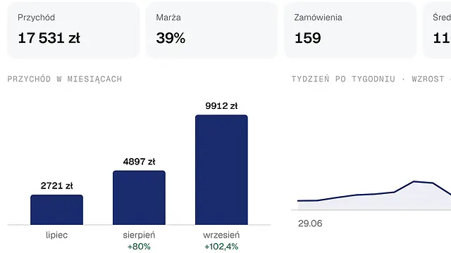 Wyniki z arkusza sprzedaży: przychód, marża, liczba zamówień i wykres przychodu w miesiącach