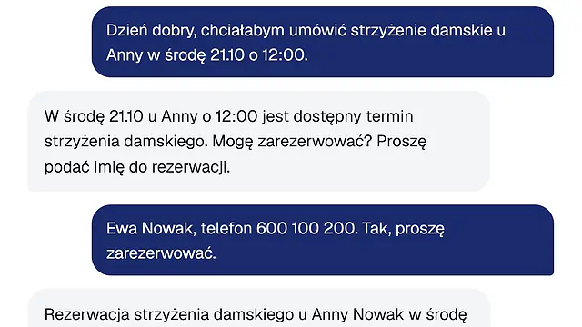 Zapis rozmowy z recepcjonistką AI: klientka prosi o strzyżenie w wybranym dniu, agent sprawdza wolne godziny i rezerwuje wizytę