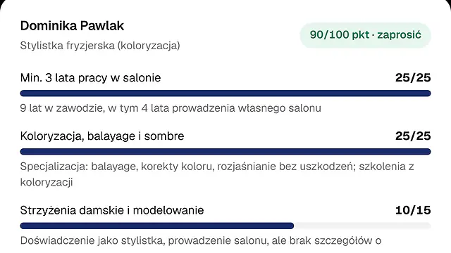 Ocena kandydatki: 90 na 100 punktów i rekomendacja zaprosić, z punktacją za każde wymaganie