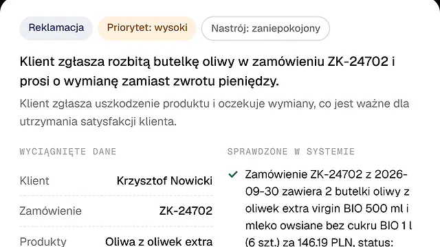 Analiza maila klienta: kategoria reklamacja, wysoki priorytet, nastrój klienta, wyciągnięte dane zamówienia i fakty sprawdzone w systemie