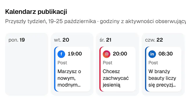Kalendarz publikacji na przyszły tydzień: posty na Facebooku, Instagramie i LinkedInie w godzinach aktywności obserwujących
