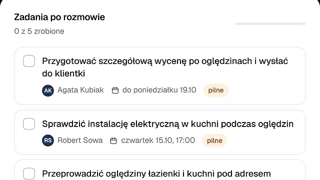 Lista zadań po rozmowie z klientką: zadania z osobą odpowiedzialną, terminem i oznaczeniem pilne