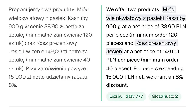 Akapit oferty po polsku obok tłumaczenia na angielski z zachowanymi nazwami z glosariusza i plakietkami kontroli liczb