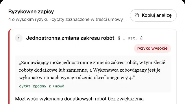Ryzykowny zapis w umowie o roboty budowlane: cytat z paragrafu, oznaczenie ryzyko wysokie i wyjaśnienie