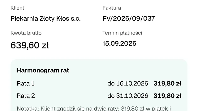 Należność w systemie księgowym po rozmowie z agentem: kwota 639,60 zł i uzgodniony harmonogram dwóch rat