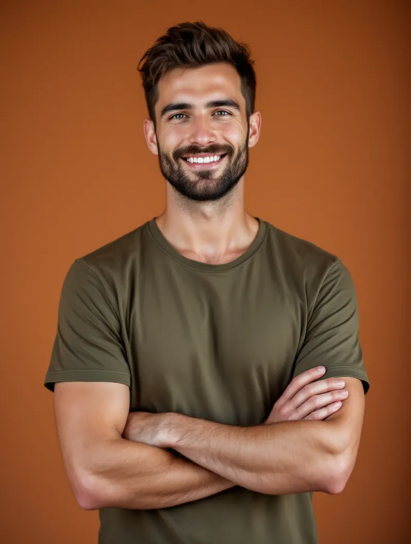 Tomasz Rudnicki, instruktor pilatesu w oliwkowej koszulce