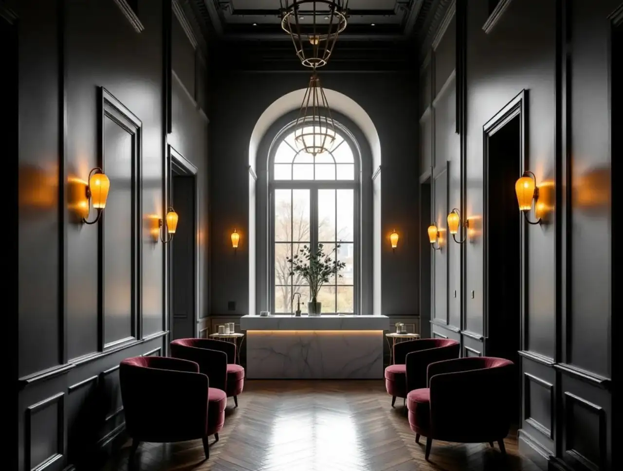 Lobby hotelu Aurum: grafitowe ściany, mosiężne kinkiety, bordowe aksamitne fotele i wysokie łukowe okno na końcu