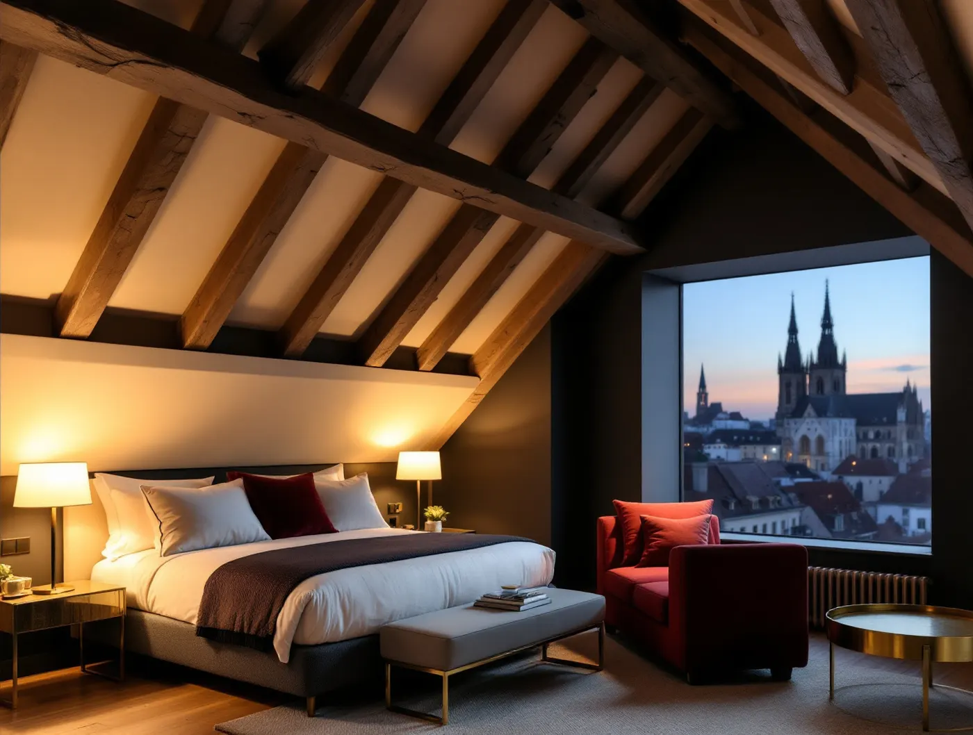 Apartament Suite na poddaszu z dębowymi belkami, bordową sofą i oknem z widokiem na wieże kościoła o zmierzchu