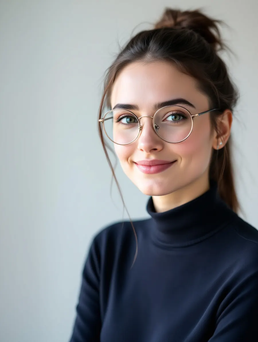 Julia Sowa, młoda kobieta w okularach i granatowym golfie