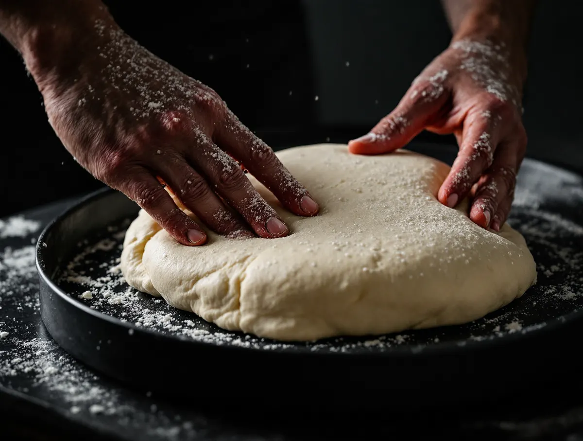 Ręce rozciągają bardzo napowietrzone ciasto na stalowej blasze posypanej semoliną