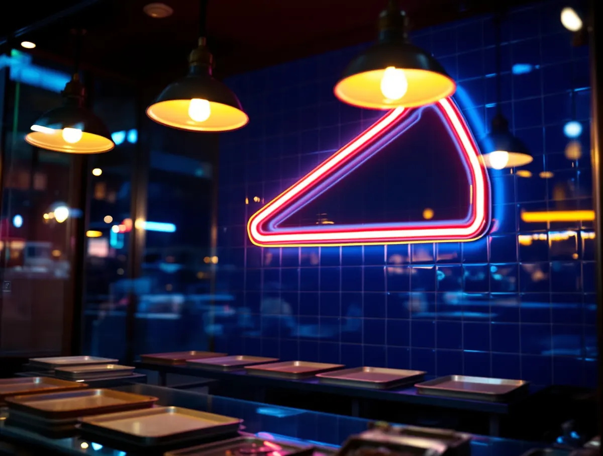 Lokal nocą: lada z blachami pizzy, kobaltowe kafle i neon w kształcie kawałka pizzy