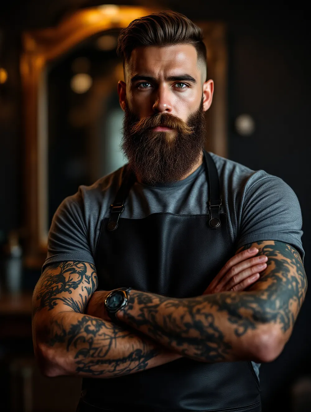 Jakub Nowicki, head barber, z tatuażami na przedramionach