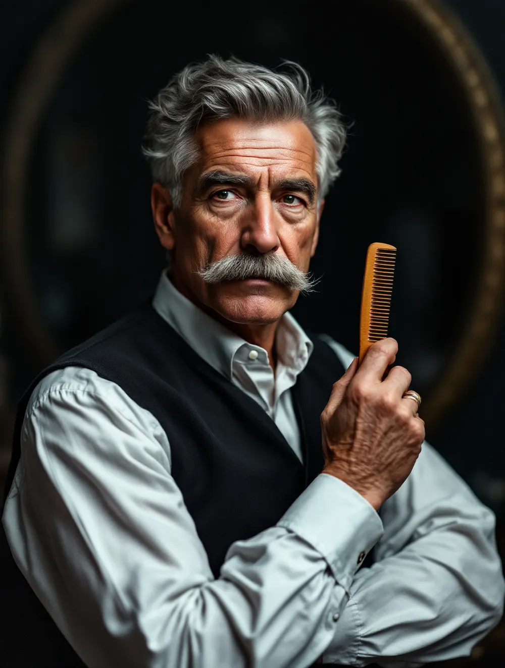 Henryk Mazur, starszy barber z wąsem i drewnianym grzebieniem