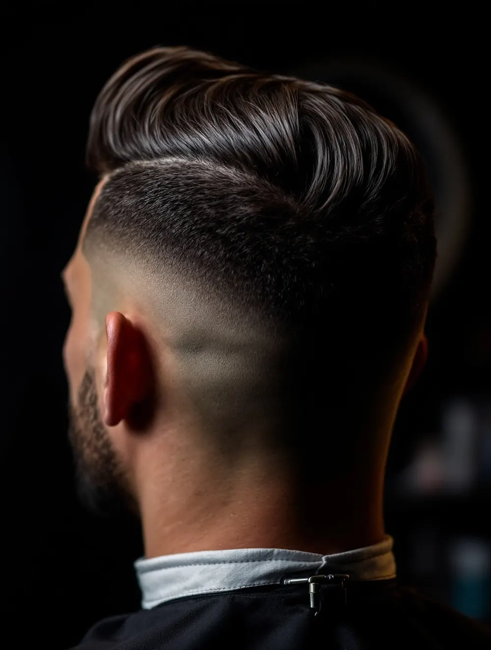 Tył głowy z low taper i zaczesanym pompadourem