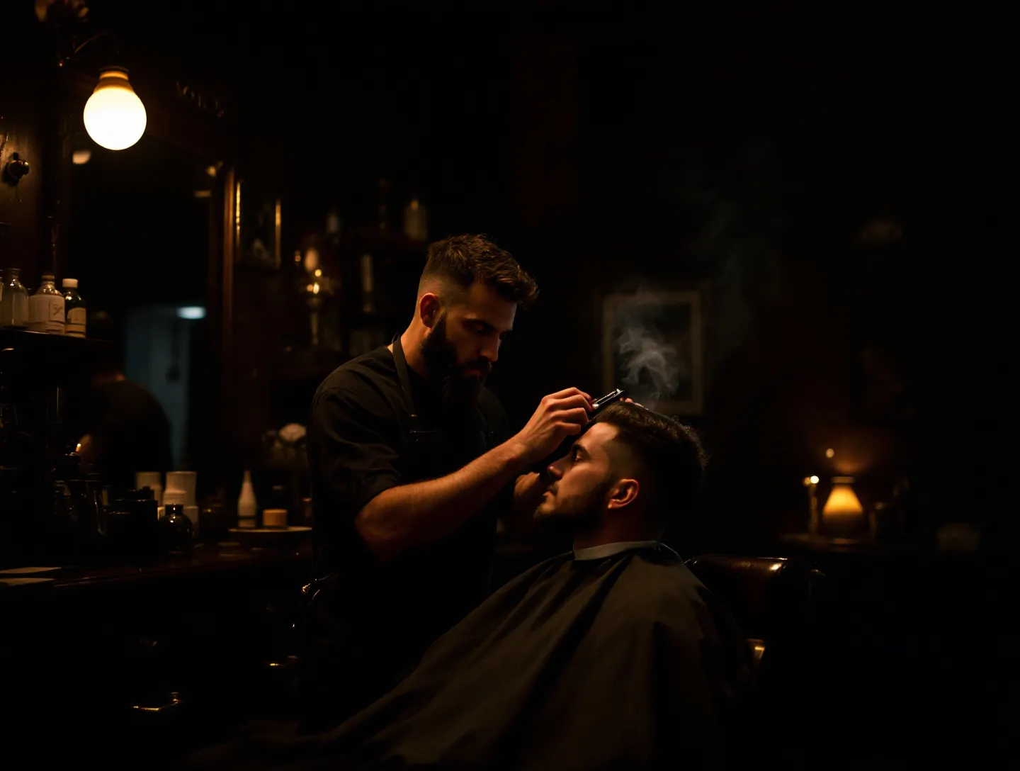 Barber strzyże klienta w ciepłym świetle lampy