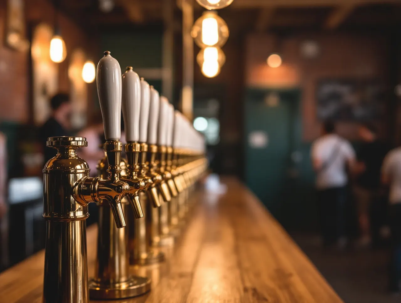 Rząd mosiężnych kranów na dębowym barze w taproomie