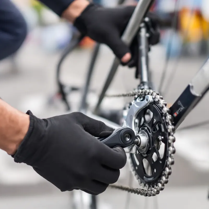 Mechanik w rękawiczkach reguluje napęd roweru na ulicy