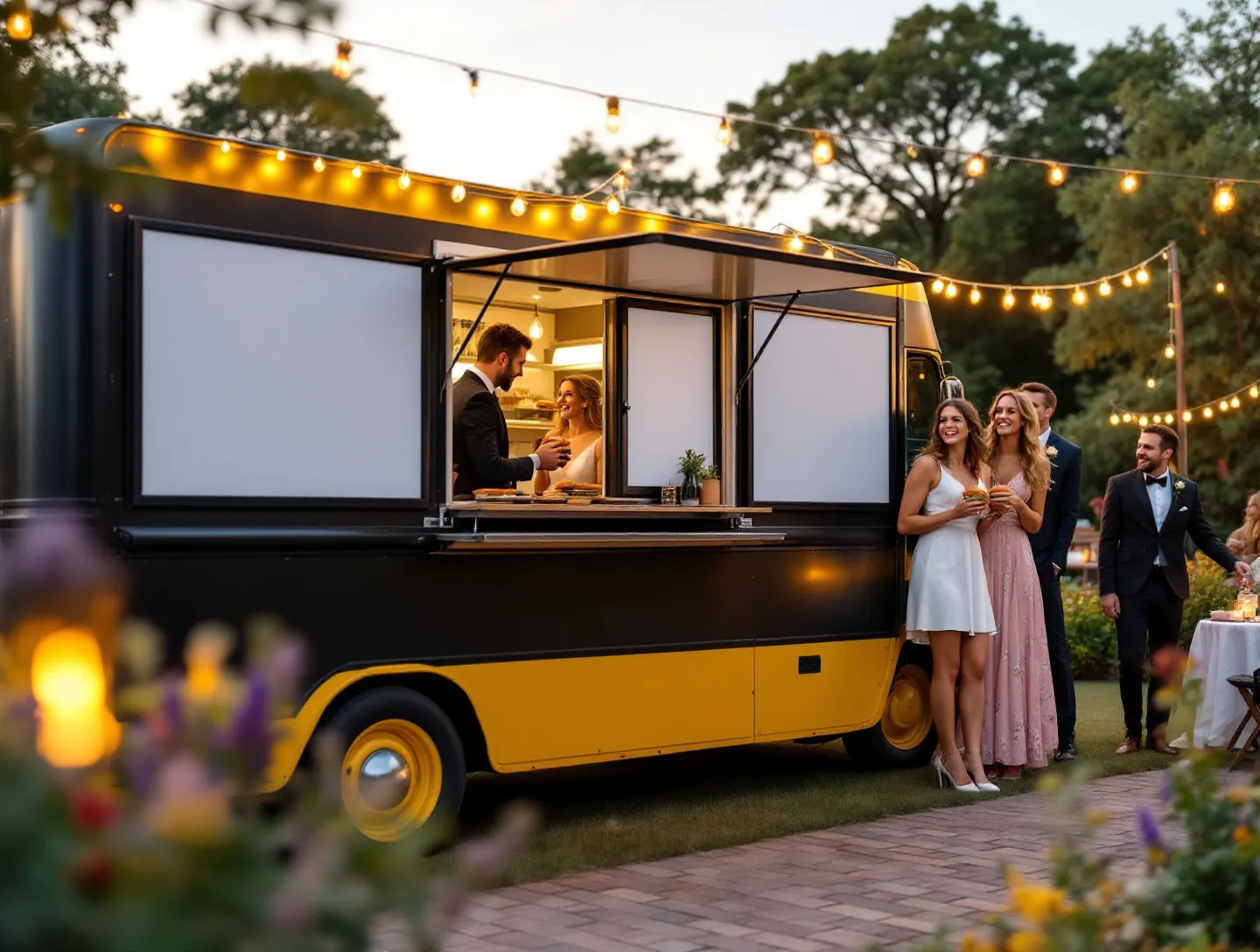 Czarny food truck z żółtym pasem serwuje burgery gościom weselnym w ogrodzie o zachodzie słońca