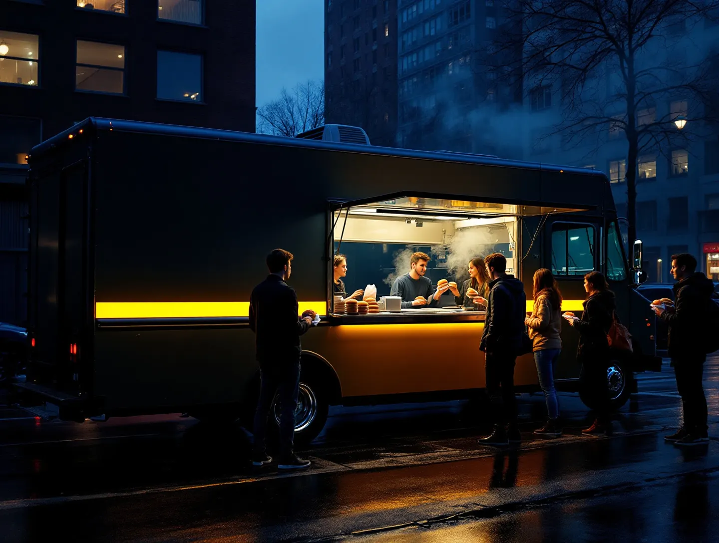 Czarny food truck Docisk z żółtym pasem stoi wieczorem na mokrej ulicy, przy okienku kolejka