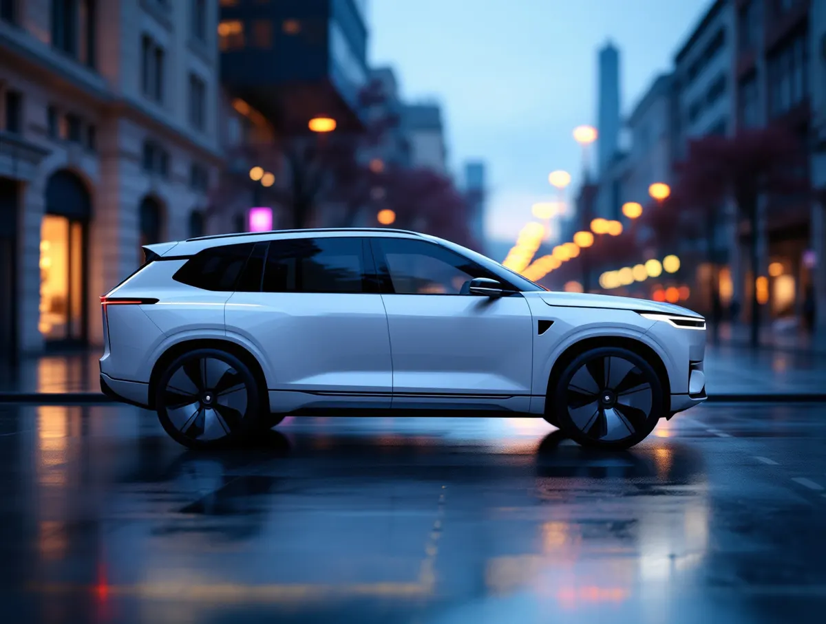 Biały elektryczny SUV na mokrej ulicy wieczorem