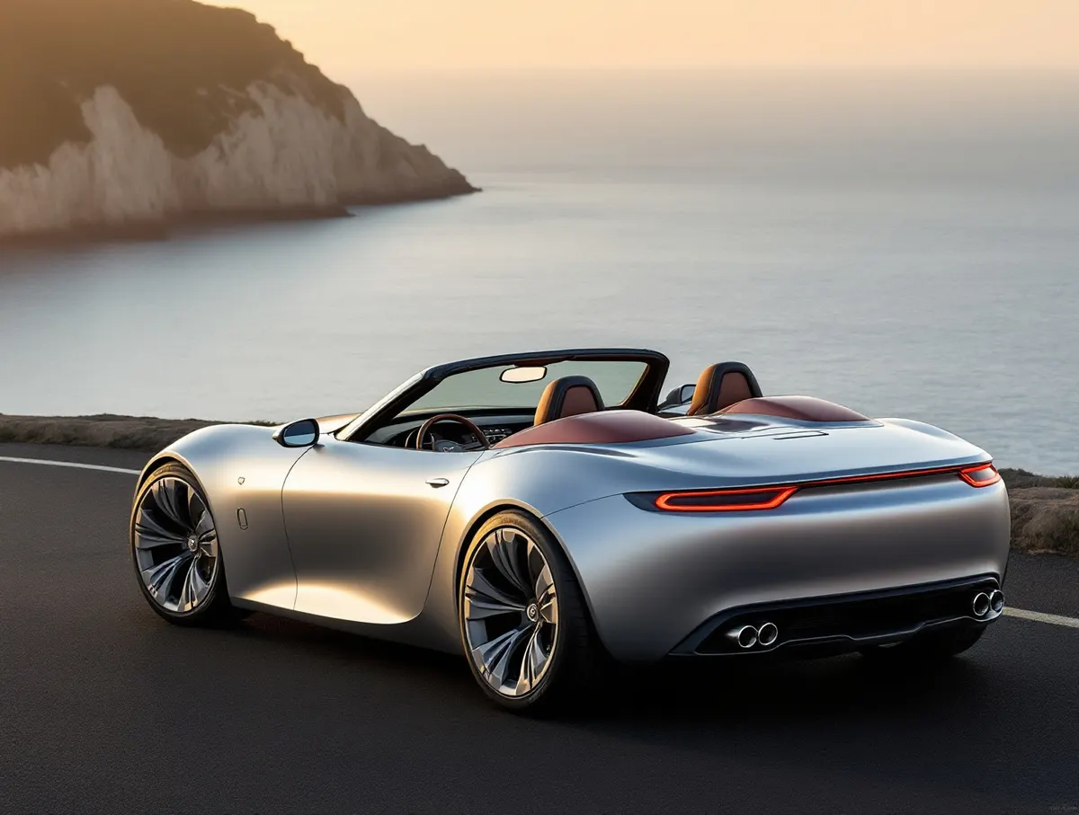Srebrny roadster ze złożonym dachem nad morzem