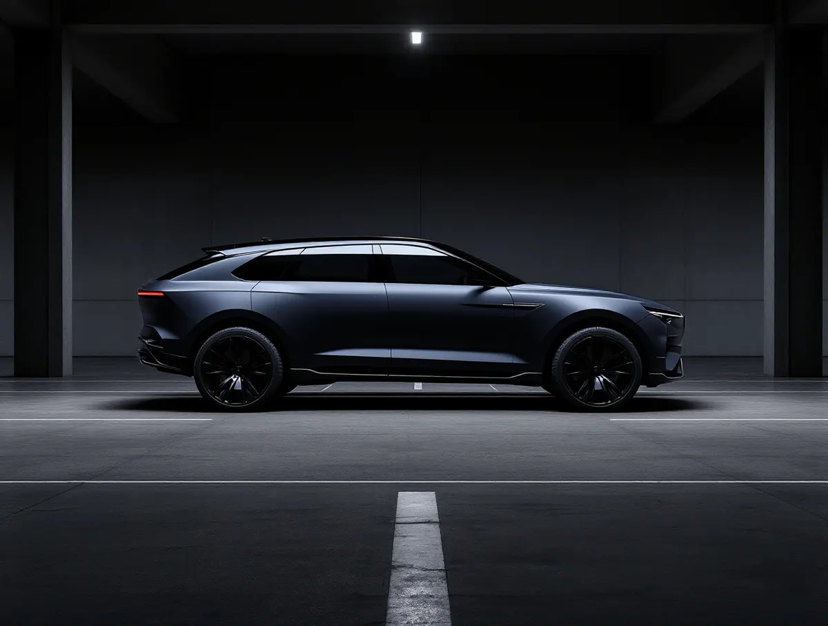 Grafitowy SUV coupé w betonowej hali