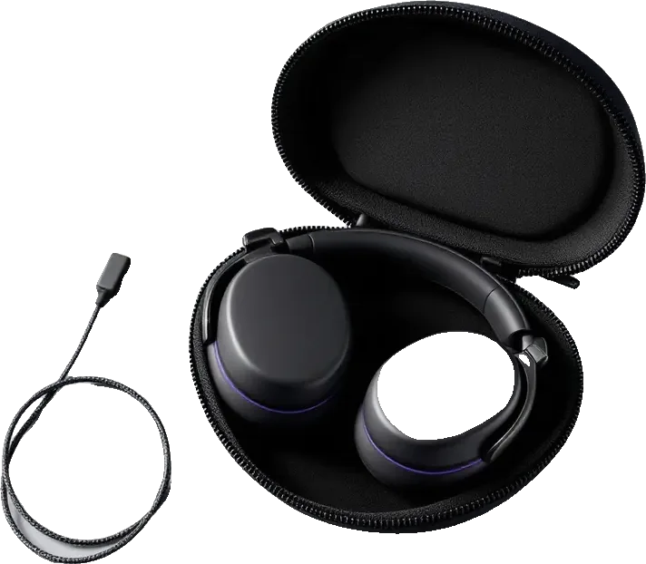 Otwarte etui z złożonymi słuchawkami Echo One i kablem USB-C