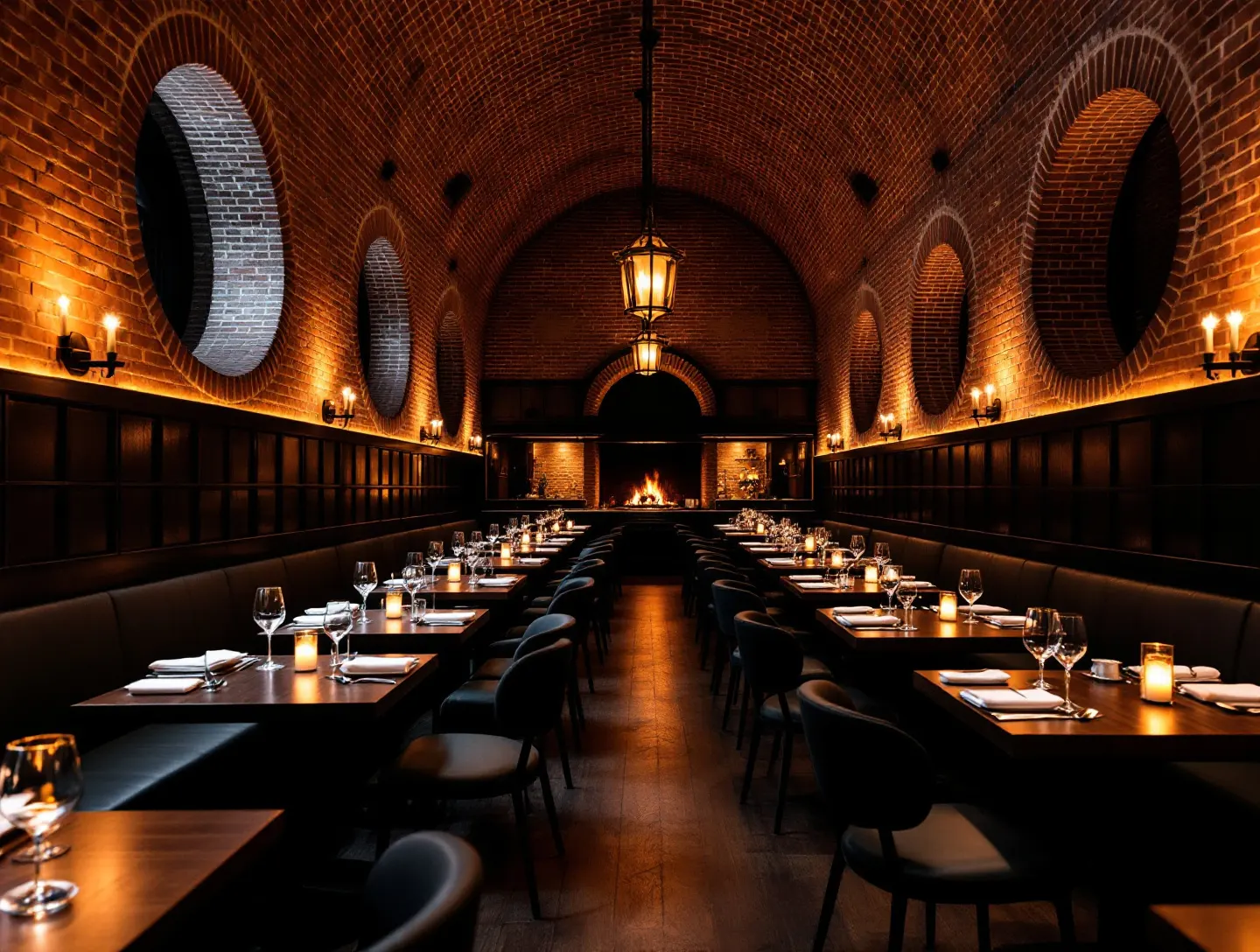 Sala restauracji z ceglanym sklepieniem, świecami i paleniskiem w tle
