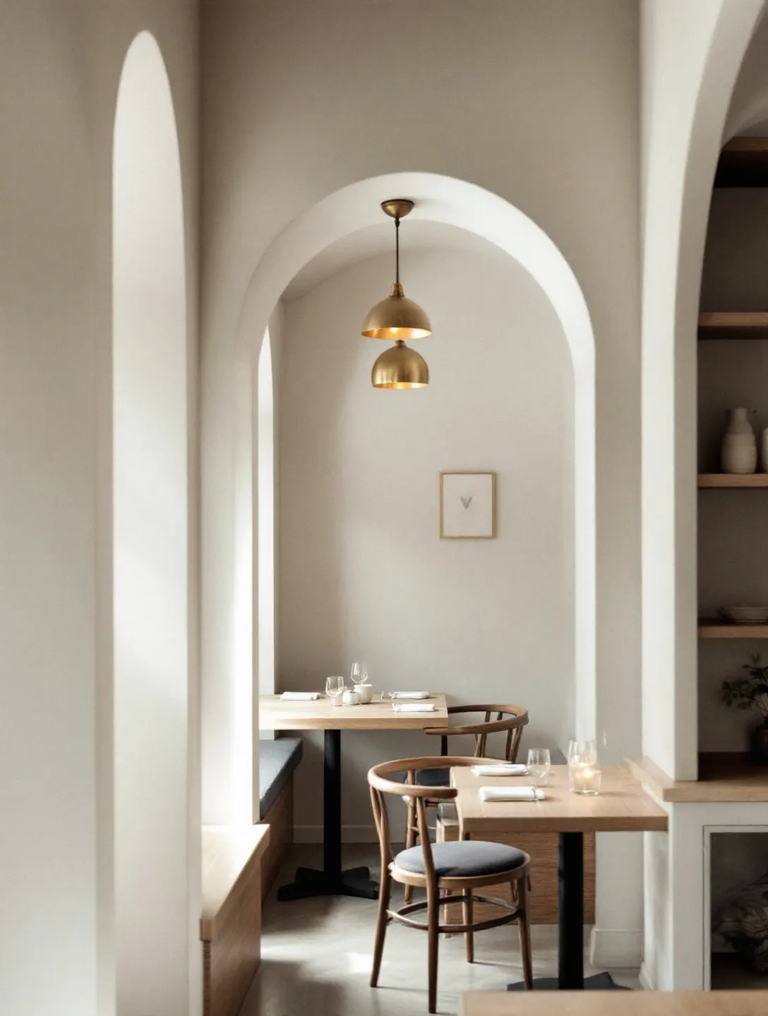 Kameralne bistro z łukowymi niszami, wapiennym tynkiem i mosiężnymi lampami