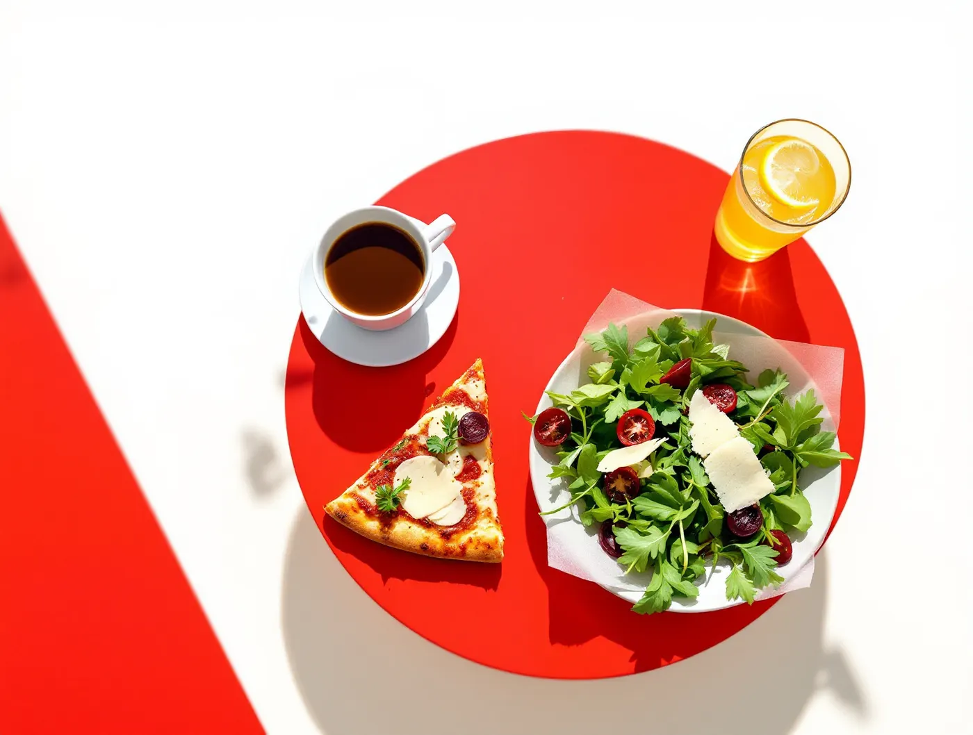 Lunch na czerwonym stoliku: kawałek pizzy, sałatka z rukolą i parmezanem, lemoniada i espresso