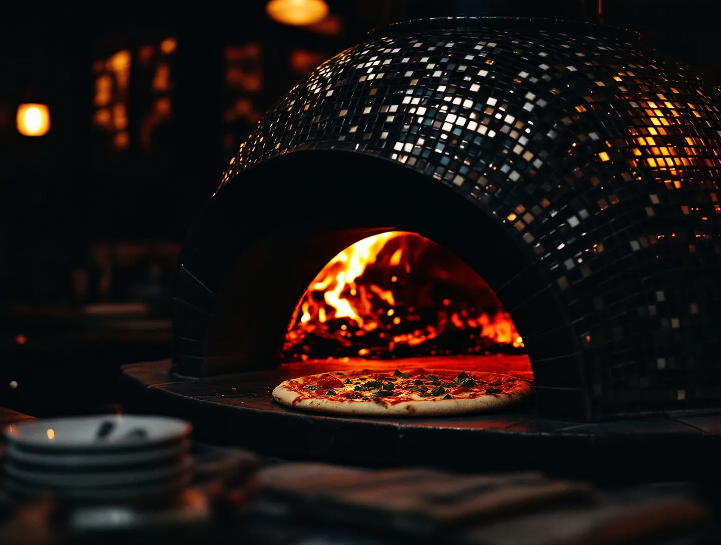 Kopuła pieca opalanego drewnem wyłożona mozaiką, w środku ogień i pizza