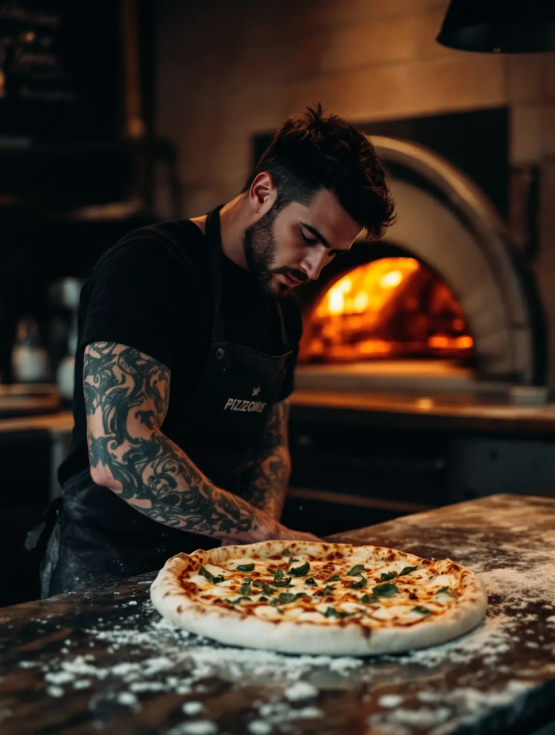 Pizzaiolo w czarnym fartuchu rozciąga ręcznie ciasto na marmurowym blacie