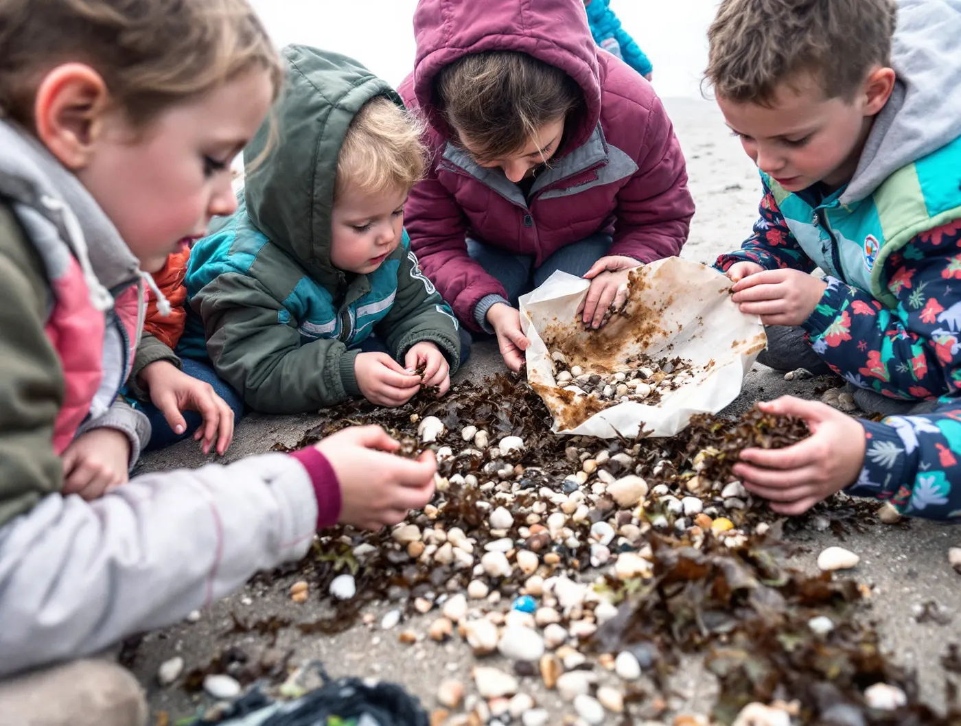 Dzieci badają muszle na plaży