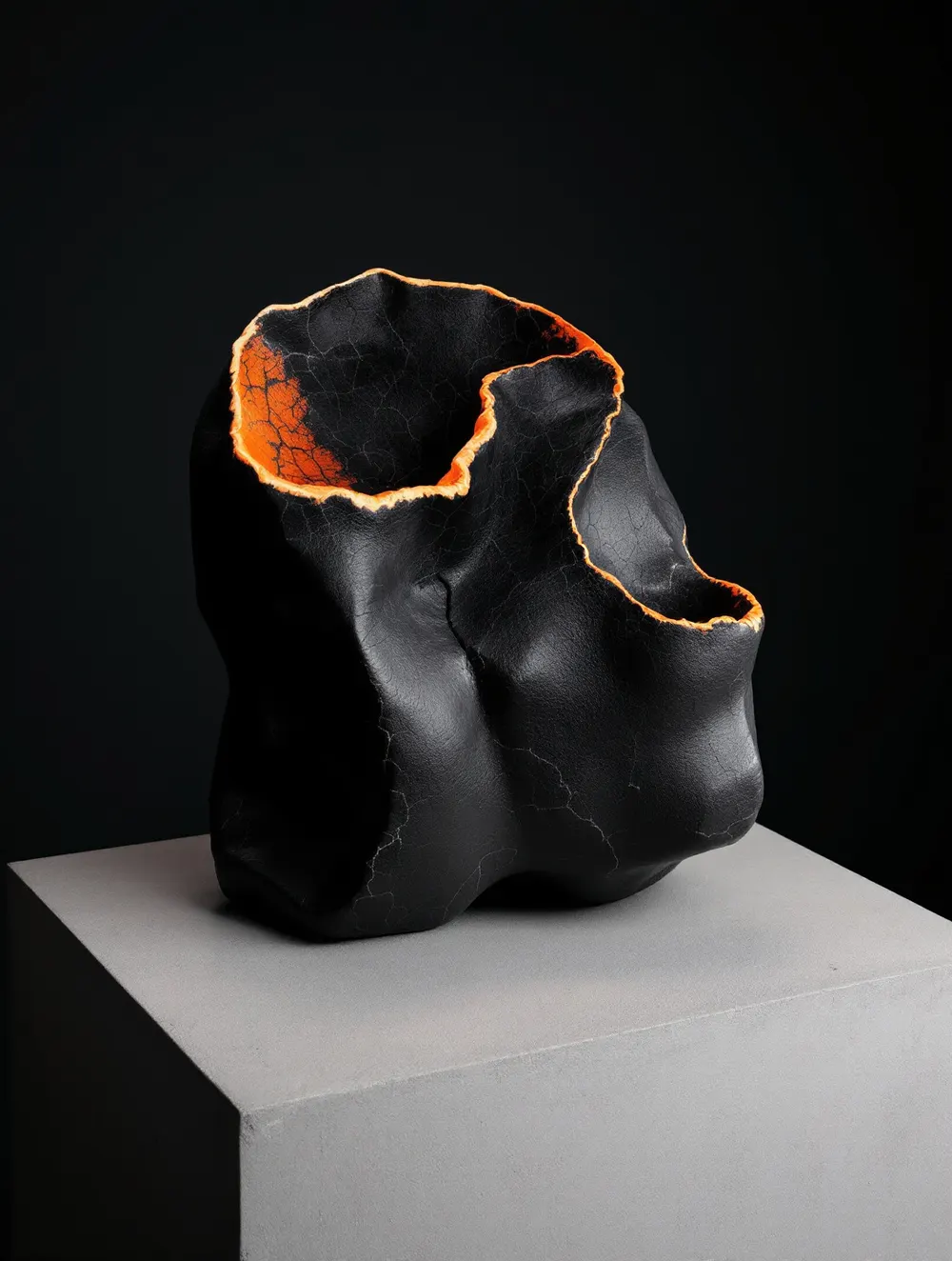 Czarna ceramiczna rzeźba z pomarańczową krawędzią