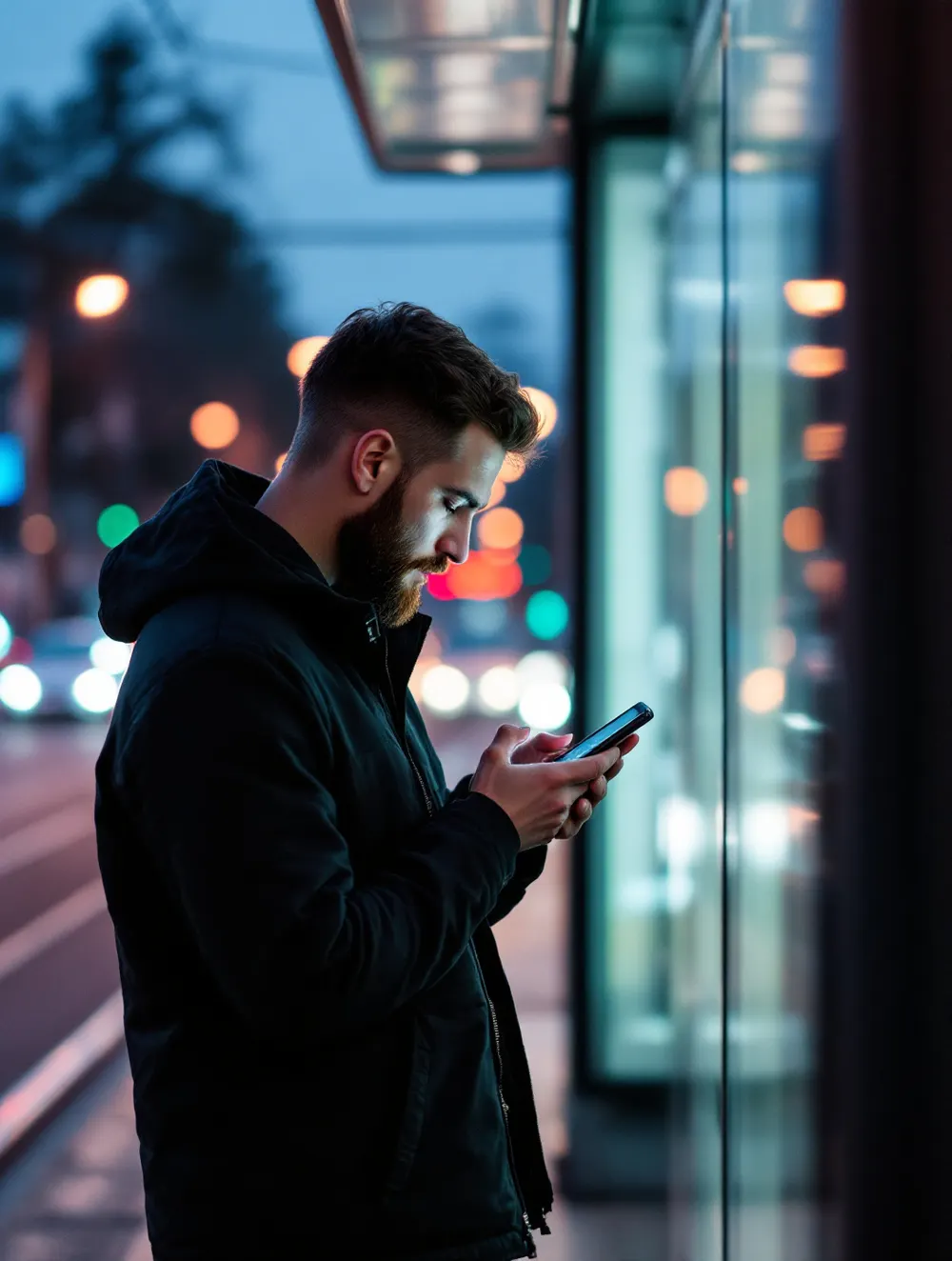 Marek sprawdza telefon na przystanku tramwajowym wieczorem