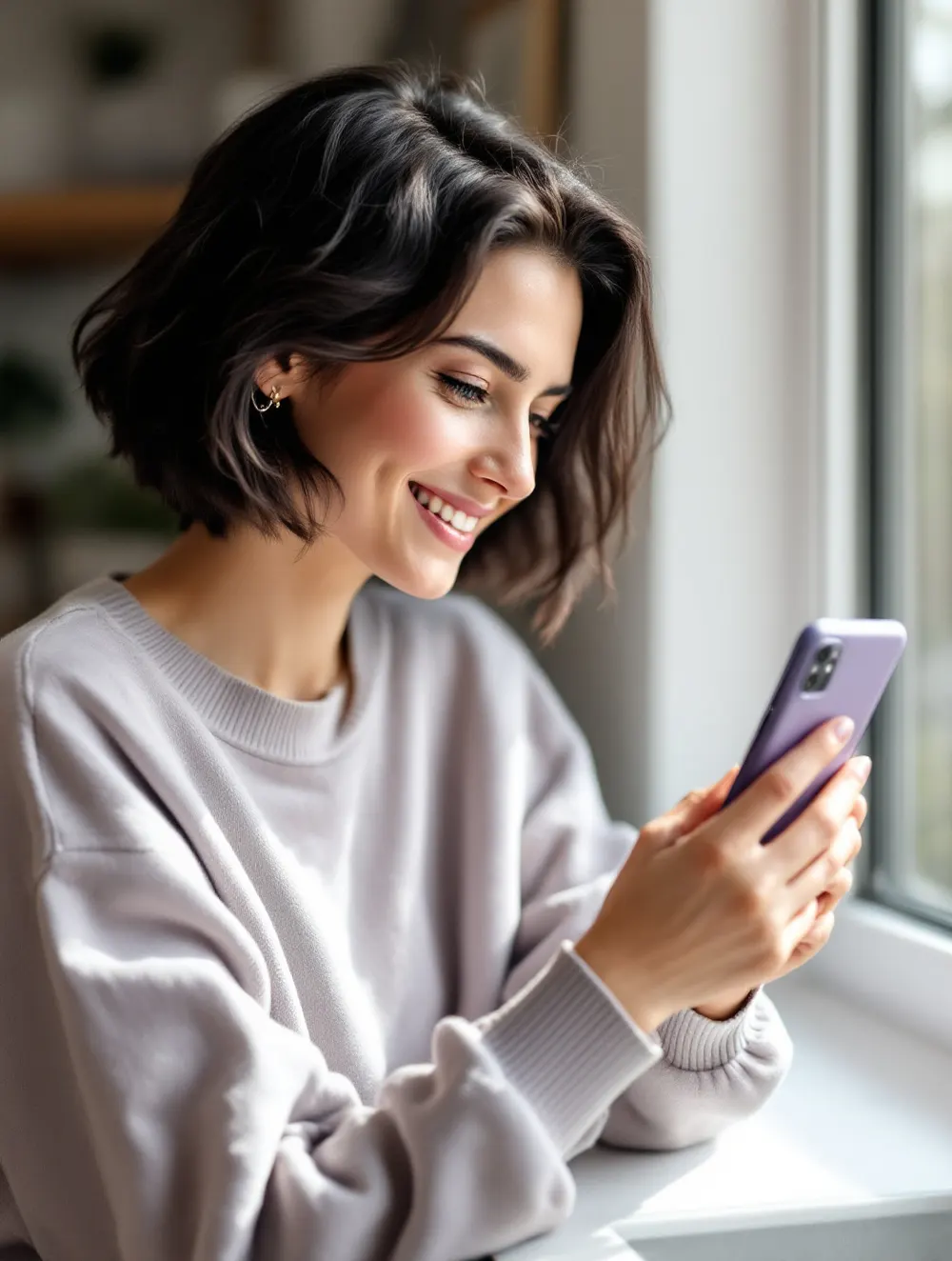 Ola, beta-testerka, uśmiecha się, patrząc na telefon przy oknie