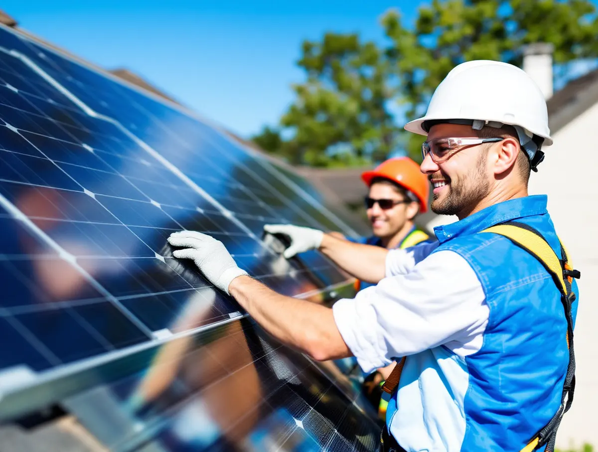 Instalatorzy Helios montują panele fotowoltaiczne na dachu