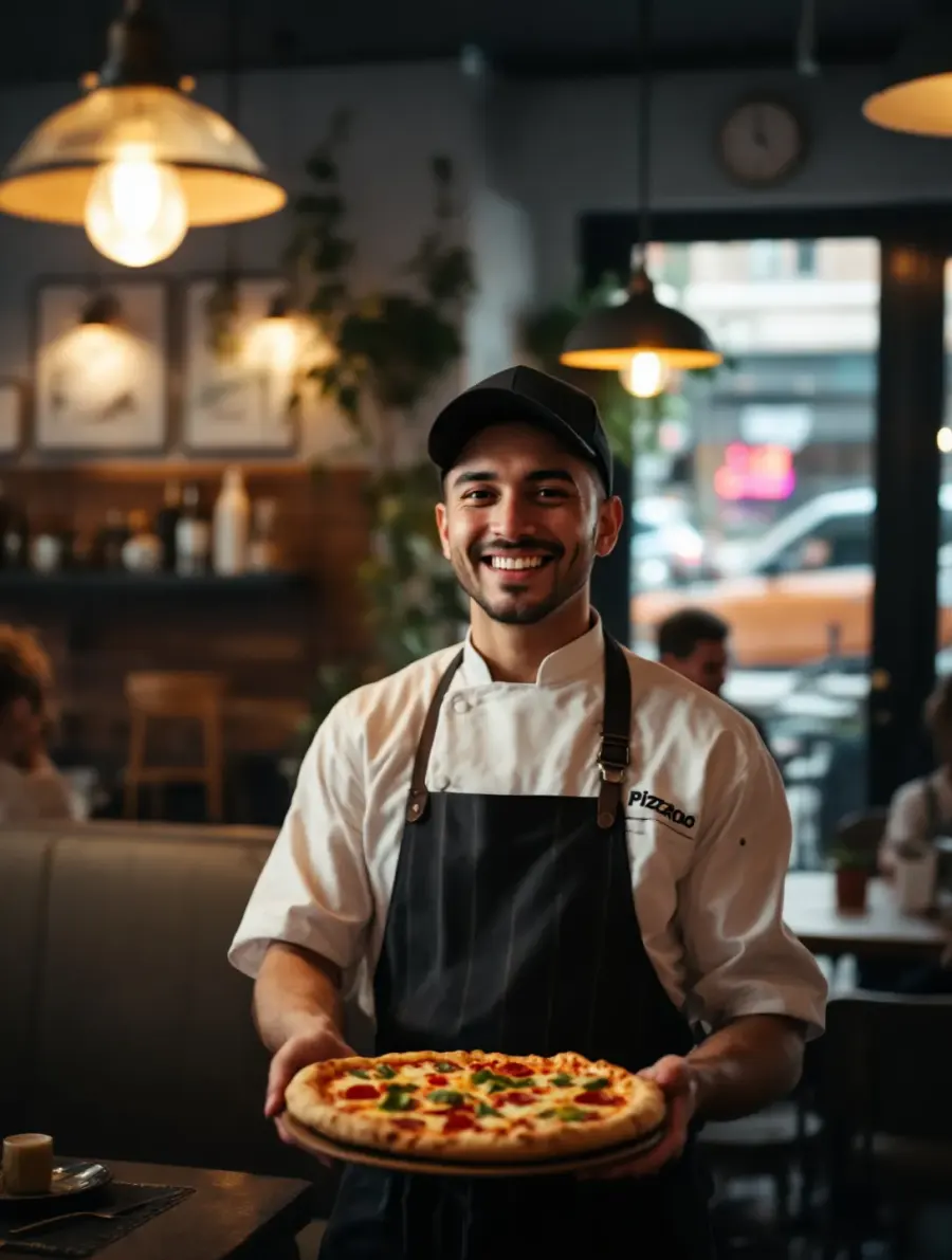 Uśmiechnięty szef kuchni trzyma pizzę w przytulnym wnętrzu bistro Piec