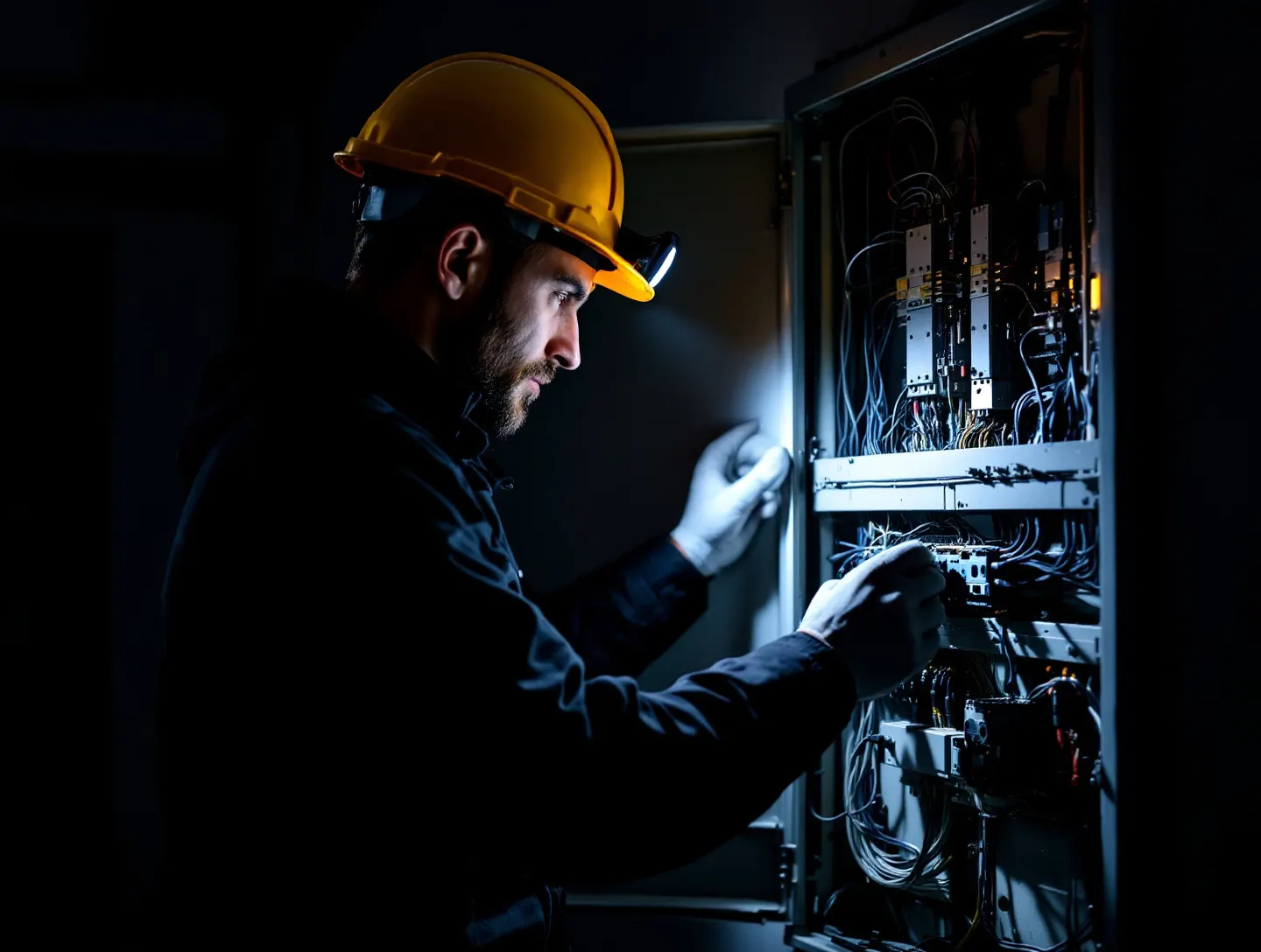 Elektryk w kasku z latarką czołową sprawdza okablowanie rozdzielnicy w ciemnym pomieszczeniu
