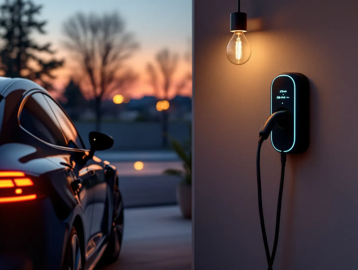 Ładowarka samochodu elektrycznego na ścianie garażu podłączona do auta
