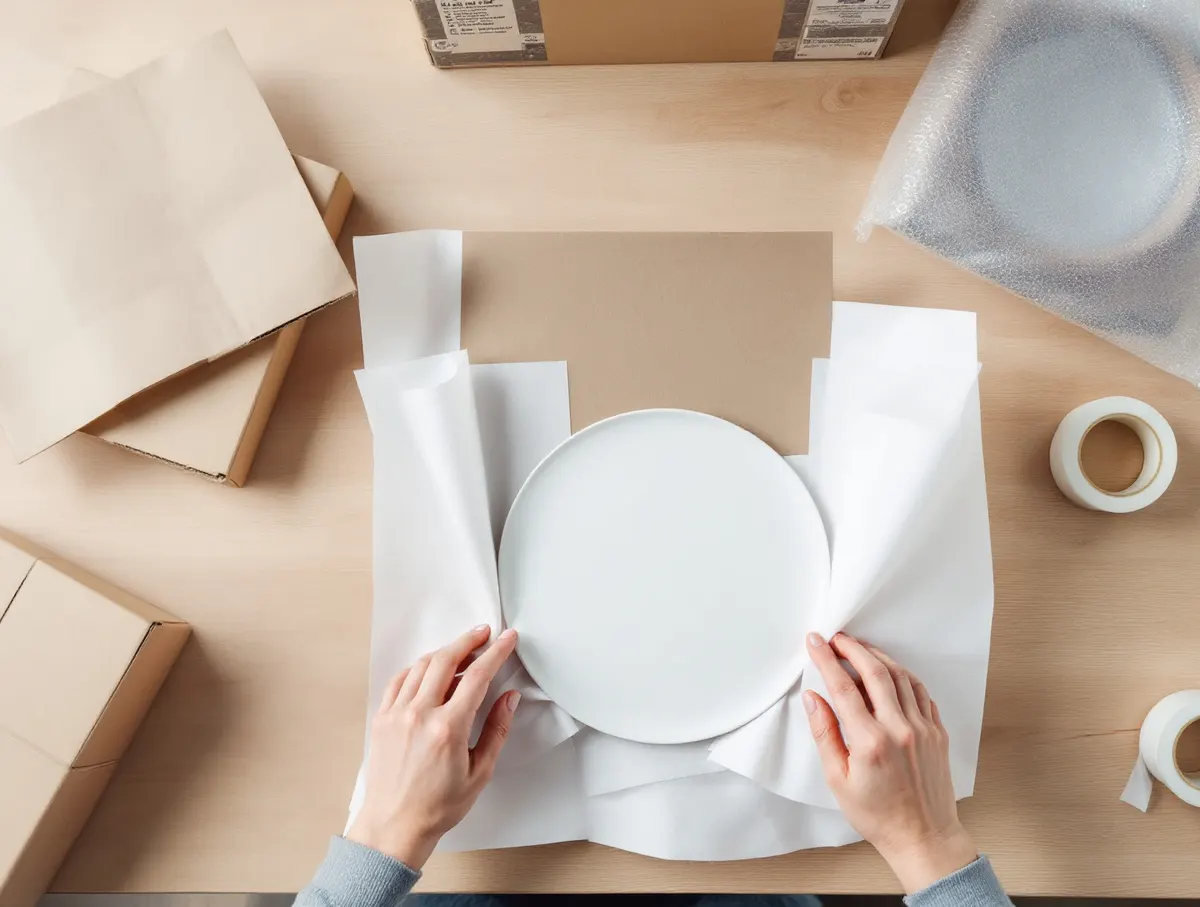 Dłonie owijają talerz w papier do pakowania