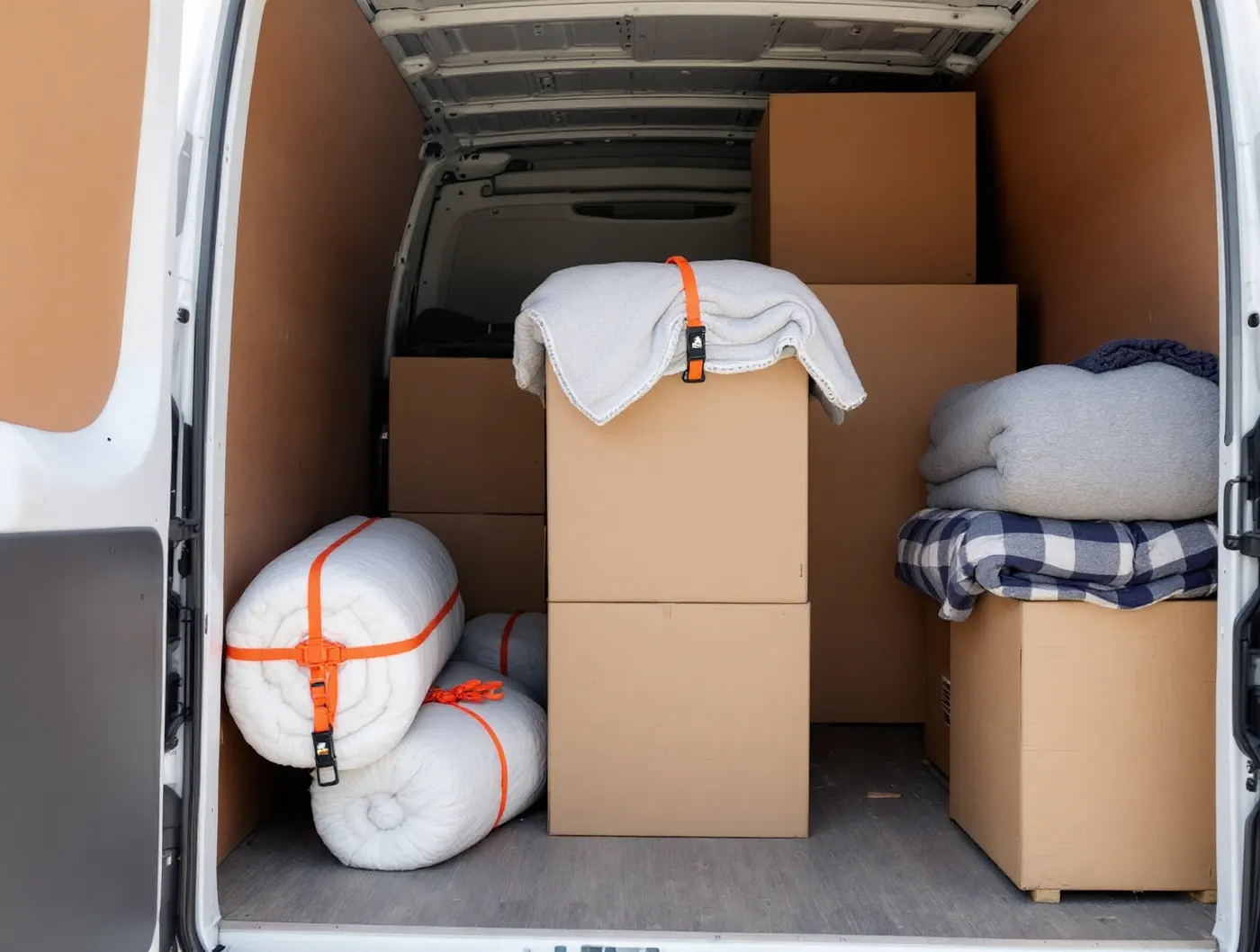 Wnętrze auta przeprowadzkowego z kartonami i meblami zabezpieczonymi pasami