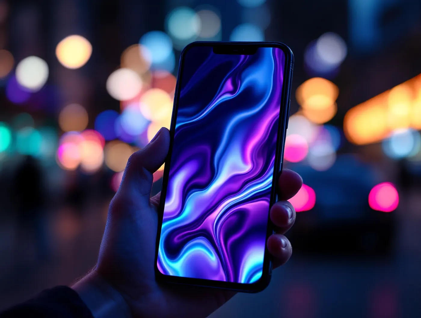 Dłoń trzymająca smartfon z aplikacją płatniczą na tle nocnego miasta