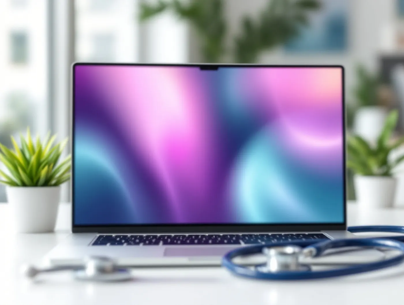 Laptop i stetoskop na biurku w nowoczesnej klinice